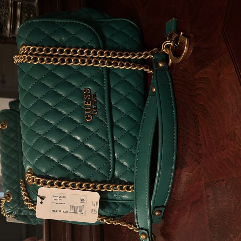 GUESS Teal Quilted Crossbody Bag with Gold Accents